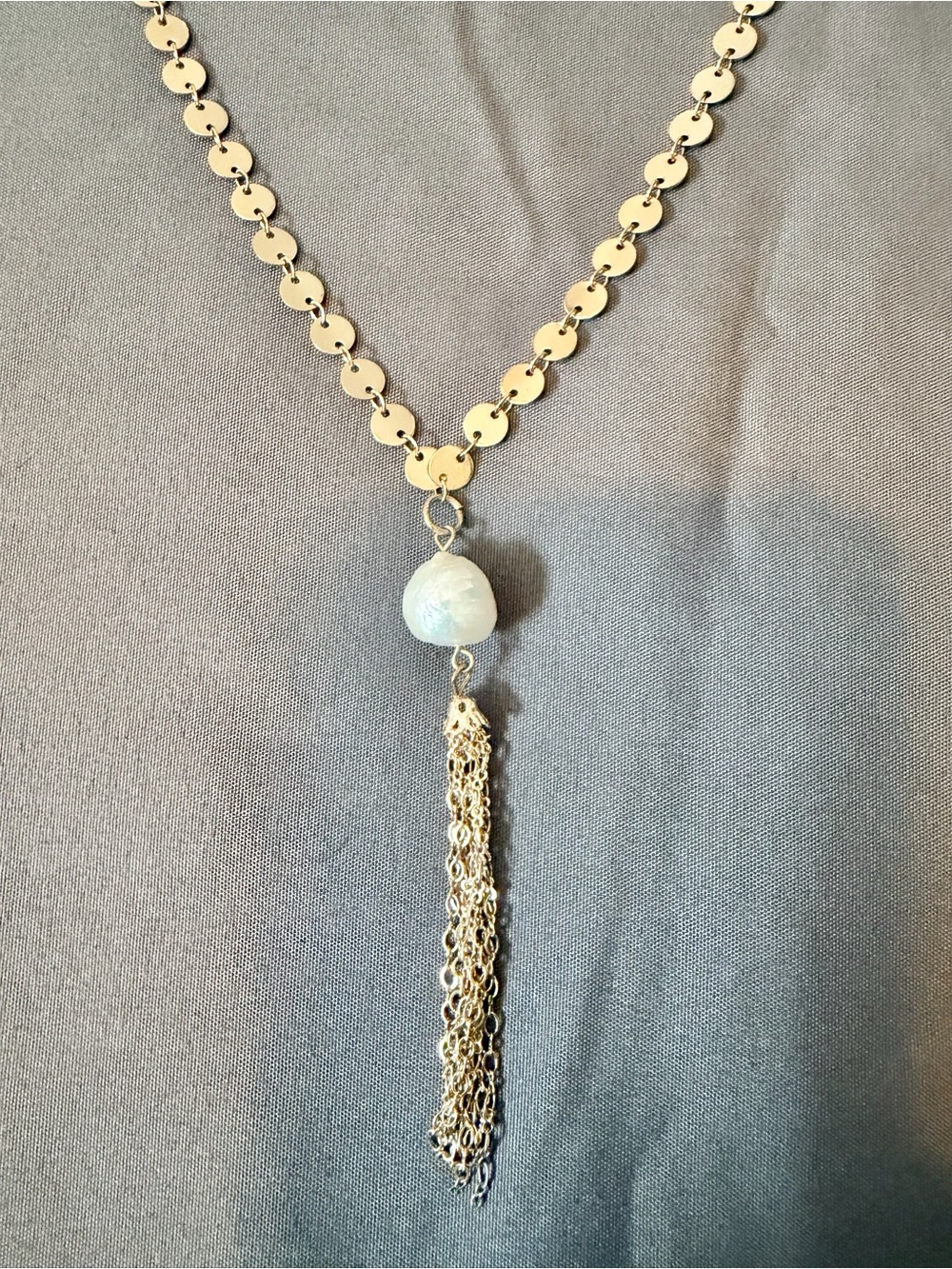 Gold Disc Chain Necklace with White Pearl and Tassel